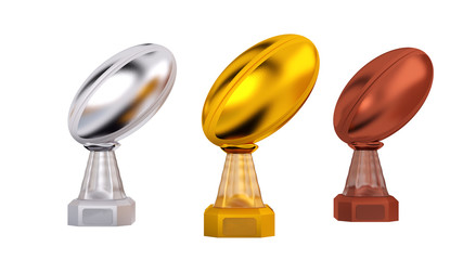Front View of Rugby Gold Silver and Bronze Trophies