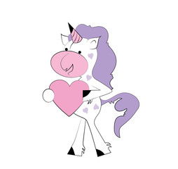 Cute unicorn cartoon in hearts with pink big heart. Vector design isolated on white background. Romantic hand drawing illustration for children.