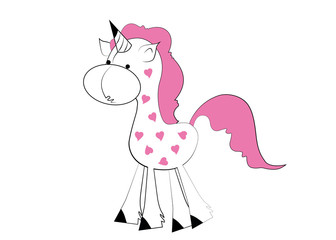 Cute unicorn in hearts with pink hair. Vector design isolated on white background. Unicorn cartoon.