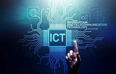 ICT - Information and communication technology concept on virtual screen.