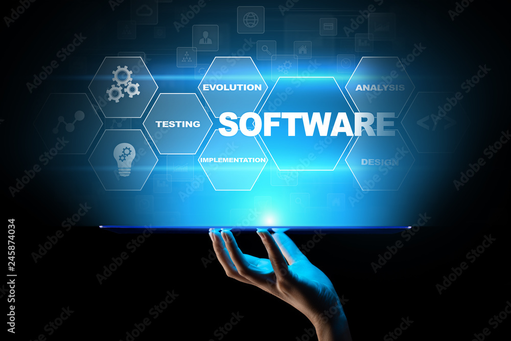 Poster software development and business process automation, internet and technology concept on virtual scr