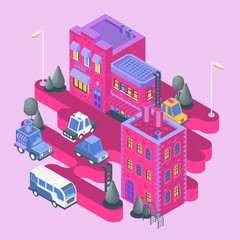 Isometric view. Modern city building. Town block with colorful house, shop and cars.