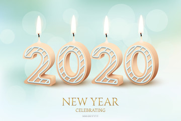 2020 New Year celebration horizontal design concept. Vector 2020 yellow burning candles and New Year Celebration text on blurred blue background.