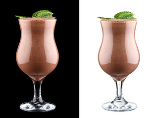 Fruit and chocolate smoothie on dark and white background