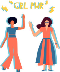 Illustration of two girls in bright clothes. Girl power concept. Art can be used for congratulation on International Women's Day.