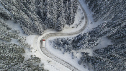 Curving, Winding, Winter, Mountain Road with a Truck Minibus