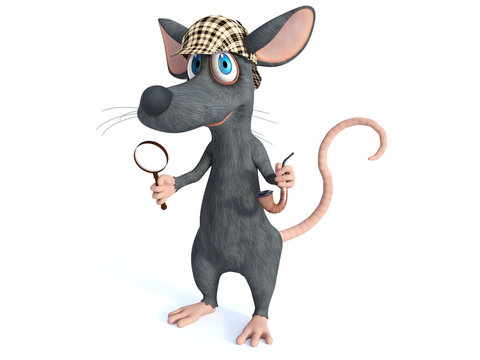 3D rendering of a smiling cartoon detective mouse holding magnifying glass.