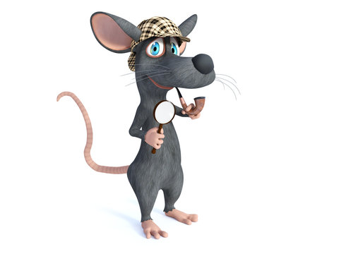 3D rendering of a smiling cartoon detective mouse holding magnifying glass.