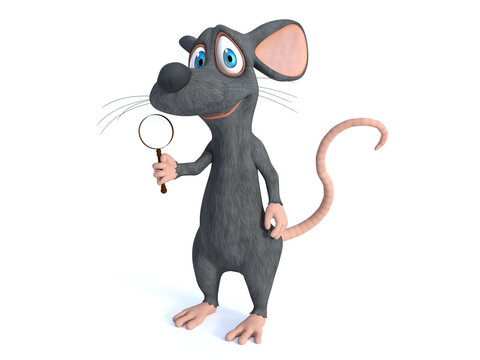 3D rendering of a smiling cartoon mouse holding magnifying glass.