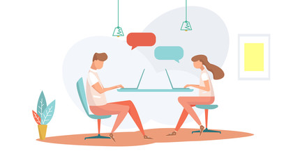 Couple of young people in flat style using laptop. Man and woman sitting in the office. Isolated on white background Vector illustration