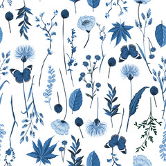 Materiał do szycia Stylish monotone blue botanical plants seamless pattern vector for fashion,web,wallpaper, fabric and all prints