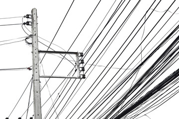 Power pole with power cord on white background 