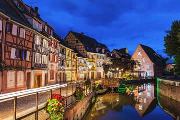 Colmar France, Colorful Half Timber House night city skyline