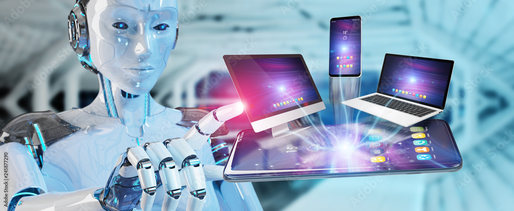 Poster modern devices connected in robot hand 3d rendering