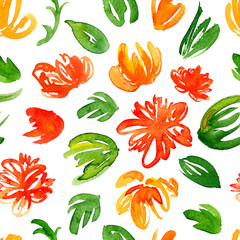 Hand drawn watercolor background with colorful red and yellow flowers and green leaves. Seamless floral pattern. - 245877210