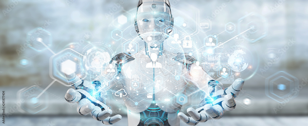 Poster white woman robot using digital screen interface 3d rendering
