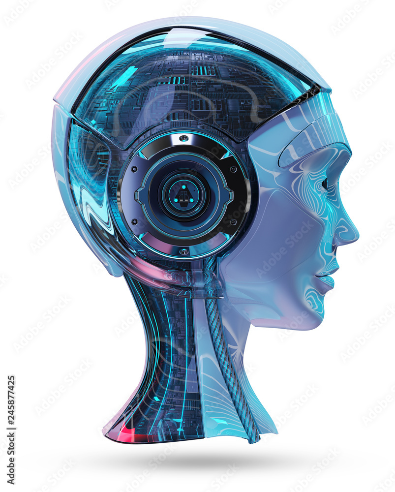 Poster Cyborg head artificial intelligence 3D rendering