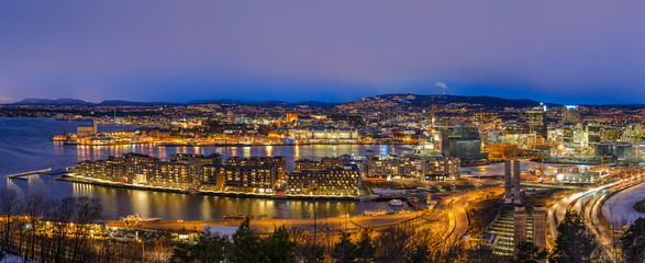 Oslo Norway Scandinavia, night aerial view panorama city skyline at business district and Bercode Project - obrazy, fototapety, plakaty