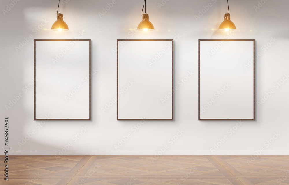 Poster Three frames hanging on a wall mockup 3d rendering