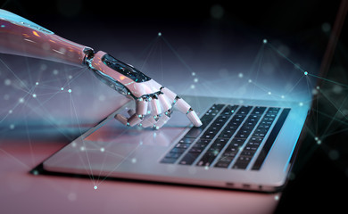 Robotic hand pressing a keyboard on a laptop 3D rendering