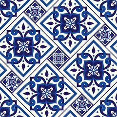 Vitrage gordijnen Portugese tegeltjes Portugese tegel patroon naadloze vector met vintage motieven. Portugal azulejos, mexicaanse talavera, italiaanse sicilië majolica, delft nederlands, spaans keramiek. Mozaïektextuur voor keukenmuur of badkamers.