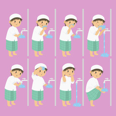 Muslim boy perform ablution steps, to clean self before prayer or shalat. Ablution steps for children vector collection
