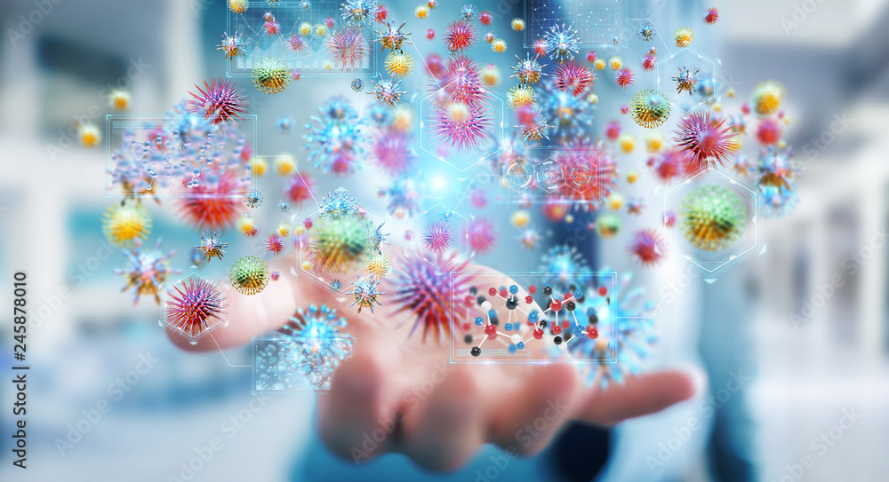 Poster businessman analyzing bacteria microscopic close-up 3d rendering