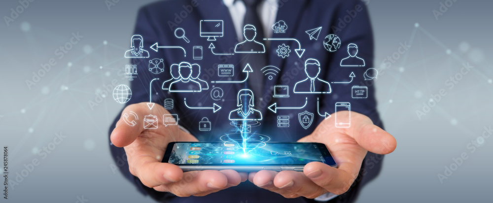 Poster businessman using thin line social network icons interface