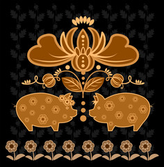 Ornament with two pigs in folk style,Petryakovskaya folk painting 