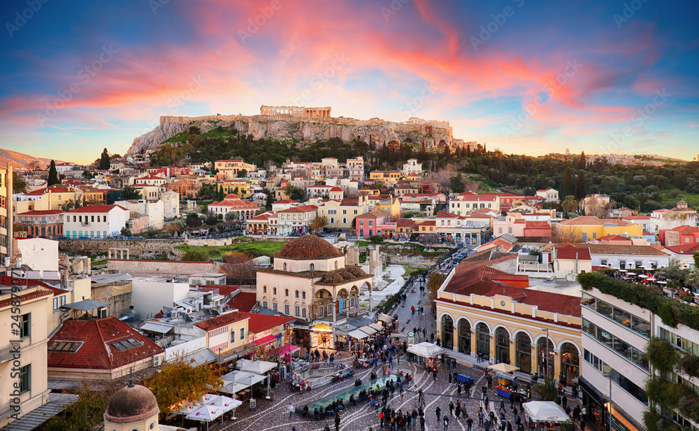 Poster Athens, Greece -  Monastiraki Square and ancient Acropolis