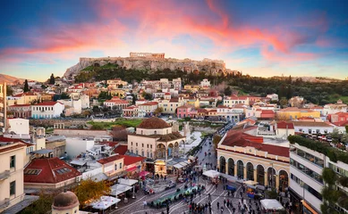Fotobehang Athene Athene, Griekenland - Monastiraki-plein en de oude Akropolis
