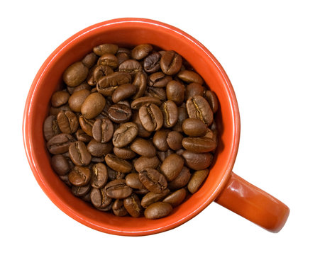 isolated image of coffee beans in a red cup