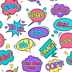 Modern Pop Art comic seamless pattern. Bright speech bubbles on the  white background 
