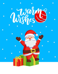 Warm Wishes major card with Santa and gift boxes. Vector cartoon and fairy tale hero sitting on mound of gifts and spreading hands sending greetings