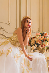 Vintage woman bride in veil white dress with golden ornament and diadema, Baroque interior gorgeous style  