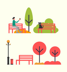 Man in park, autumn season relaxation on nature vector. Person spending time in fall seasonal days sitting on bench. Wooden benches and trees bushes