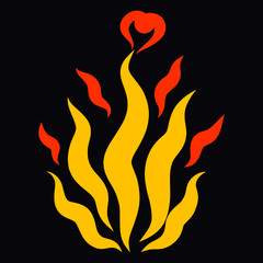 flame of fire and heart on black background