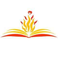an open book and a flame with hearts above its pages