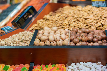 counter with organic nuts in vegan market b