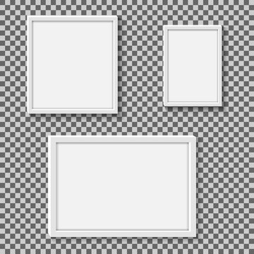 Set of white realistic square empty picture frames on transparent background.