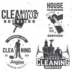 Fototapeta na wymiar Cleaning company badge, emblem. Vector illustration. Concept for shirt, stamp or tee. Vintage typography design with cleaning equipments. Cleaning service sign for company related business