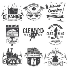 Cleaning company badge, emblem. Vector illustration. Concept for shirt, stamp or tee. Vintage typography design with cleaning equipments. Cleaning service sign for company related business