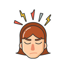Teen girl with brown hair having headache. Young woman template image about feeling unwell. Colored image female face vector isolated with thunder over head