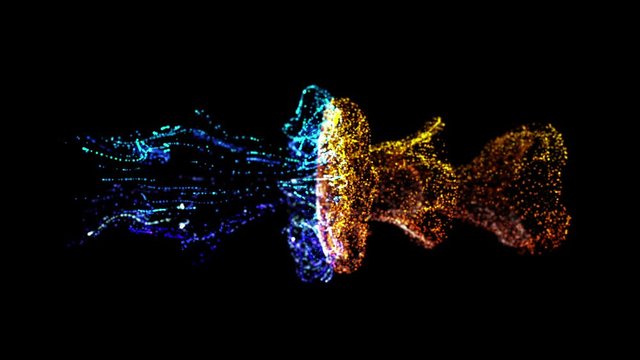 collision of two streams of particles in 4k. ink effect advection. Glitter in stream of invisible ink in water. 3d render with depth of field, luma matte as alpha channel. Blue red streams 50