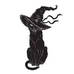 Black cat with pointy witch hat line art and dot work. Wiccan familiar spirit, halloween or pagan witchcraft theme tapestry print design vector illustration.