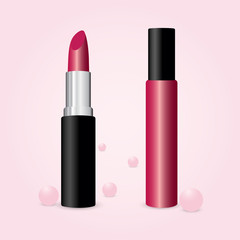 Lip gloss and lipstick vector isolated on pink background