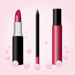 Set of makeup red cosmetics. Lip gloss, lipstick and lip liner vector isolated on pink background.