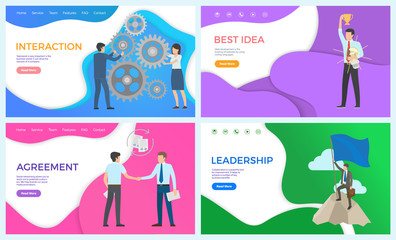 Best idea of businessman leadership posters set with text sample. Interaction between workers and leader, agreement with partner solving problems