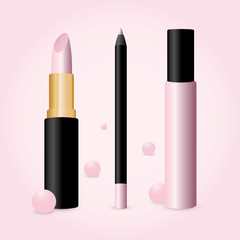 Set of makeup pink cosmetics. Lip gloss, lipstick and lip liner vector isolated on pink background.