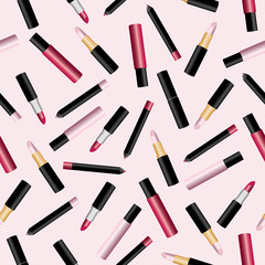 Seamless pattern with realistic 3d lipstick, lip pencil and lipgloss on pink background. Vector illustration
